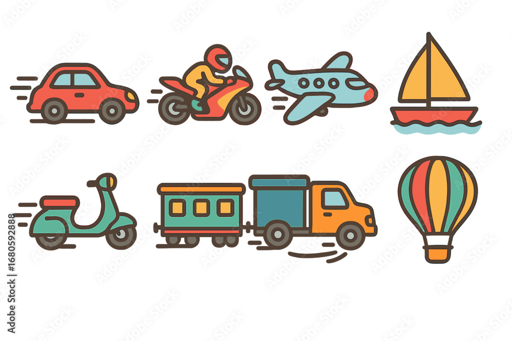 Fototapeta premium Colorful Vehicle Icons. Flat vector mini-illustrations vehicle motion in colors children's illustrations: speeding car, racing