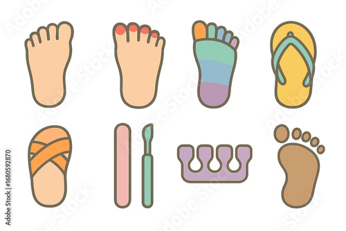 Colorful Toe Icons. Flat vector mini-illustrations toe in colors children's illustrations: bare foot, painted toenails, toe socks,