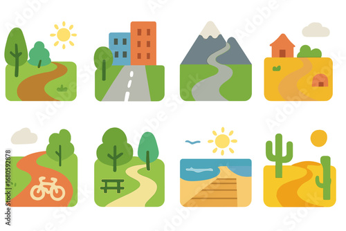 Colorful Travel Paths. Flat vector mini-illustrations travel paths in colors children's illustrations: hiking trail, city sidewalk