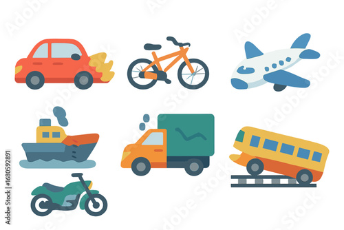 Colorful Vehicle Wrecks. Flat vector mini-illustrations wreck and vehicles in colors children's illustrations: wrecked car,