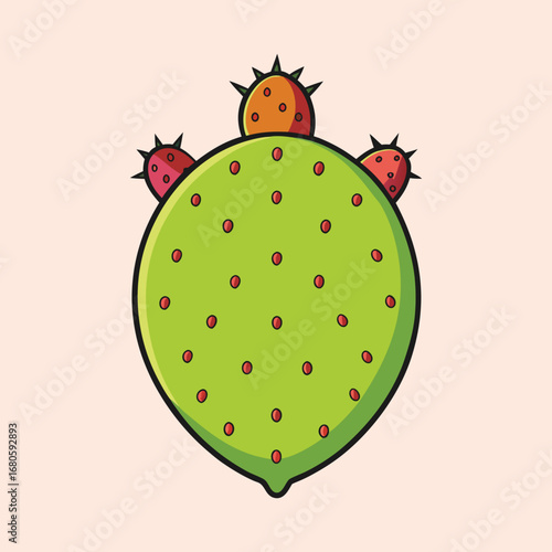 Illustration of a prickly pear cactus pad with fruit on a pink background