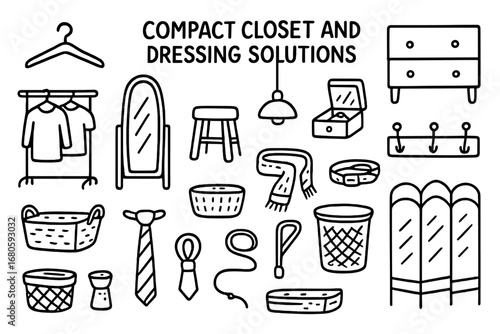 Compact Closet Solutions. Hand-drawn doodle illustration Compact closet and dressing solutions hanger, full-length mirror, dresser