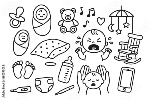 Comforting Baby Doodle. Hand-drawn doodle illustration comforting a crying baby baby crying, pacifier, swaddle, teddy bear,
