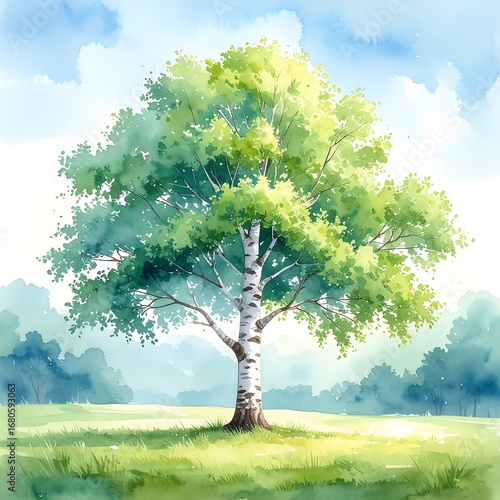 A serene watercolor landscape featuring a single birch tree with vibrant green foliage against a backdrop of soft, pastel colors.