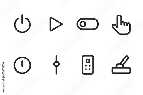 Control and Community Icons. Outline icon set of start controls: power button, play icon, toggle switch, button press, dial knob,
