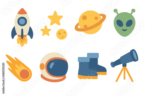 Cosmic Adventure Icons. Flat vector mini-illustrations cosmic adventure in colors children's illustrations: rocket ship, stars,