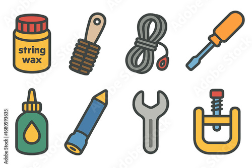 Crossbow Tool Icons. Flat vector mini-illustrations crossbow maintenance tools in colors children's illustrations: string wax,