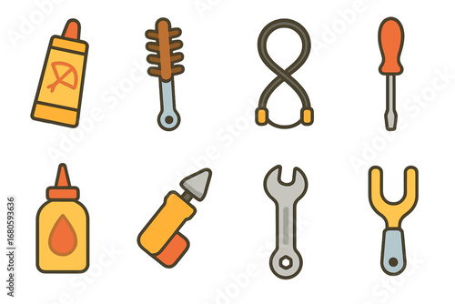 Crossbow Tool Icons. Flat vector mini-illustrations crossbow maintenance tools in colors children's illustrations: string wax,