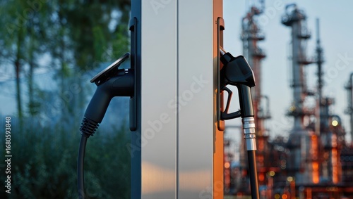 Electric Vehicle Charging Nozzle and Gasoline Fuel Pump Comparison at Metallic Station with Refinery Background
