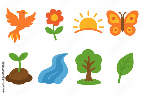 Cycle of Life Icons. Flat vector mini-illustrations death and rebirth in colors children's illustrations: phoenix, blooming flower