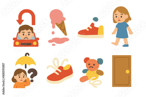 Daily Mishaps Icons. Flat vector mini-illustrations mistakes in daily life in colors children's illustrations: wrong turn, dropped