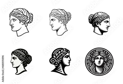 Stylized Classical Female Heads Illustrations Set - Greek and Roman Profile and Full-Face Busts