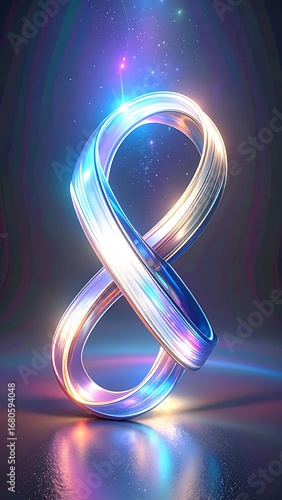 A vibrant, luminous infinity symbol glows with iridescent colors in a dynamic 3D rendering.