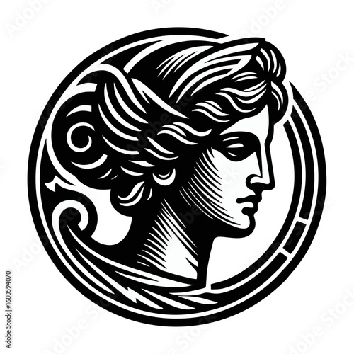 Stylized Classical Woman Profile in Black and White Circular Emblem