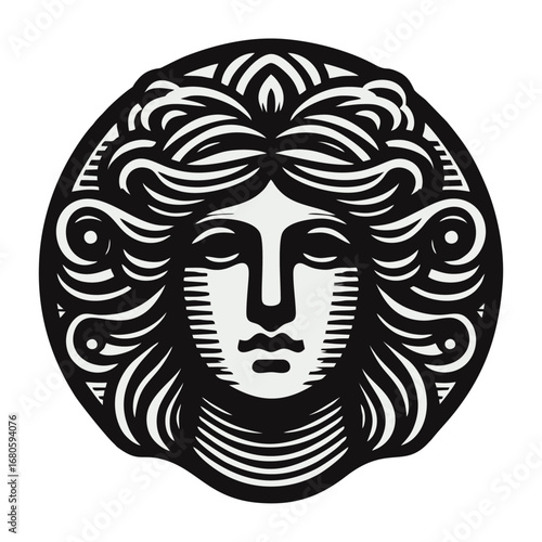 Stylized Female Head Emblem with Elaborate Hair, Classical Goddess Portrait
