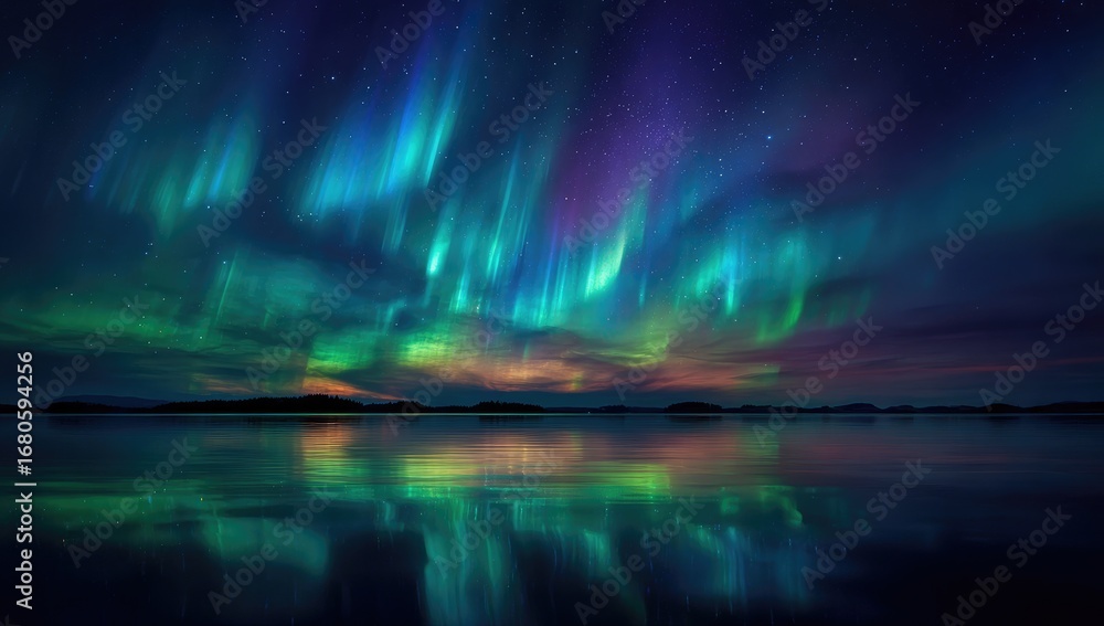 Naklejka premium Aurora borealis reflecting on a calm lake at dawn