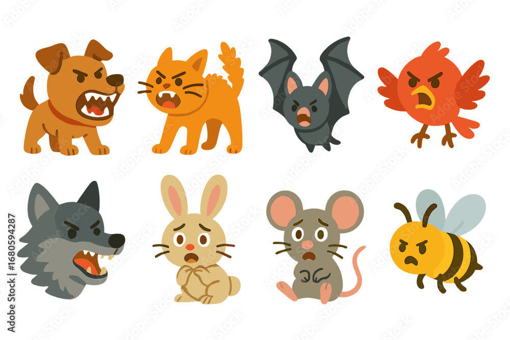 Fototapeta premium Animal Expressions Grid. Flat vector mini-illustrations terror in animals in colors children's illustrations: snarling dog,