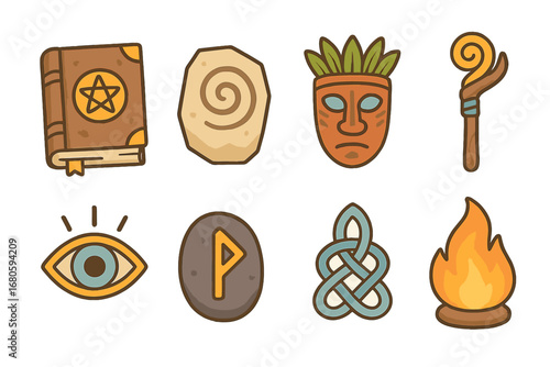 Ancient Magic Icons. Flat vector mini-illustrations ancient hex in colors children's illustrations: old spell book, carved stone,