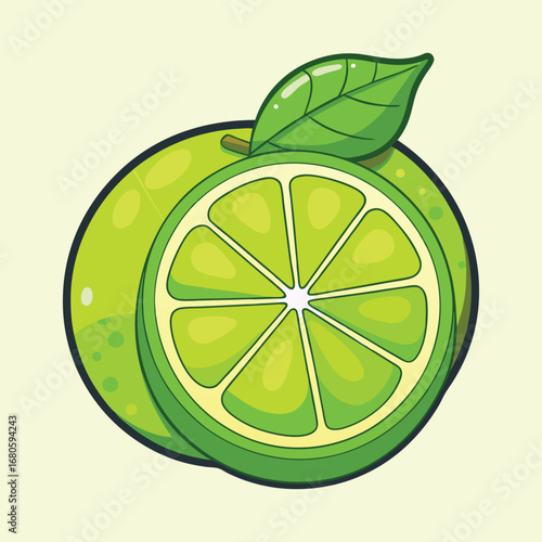 Vibrant cartoon lime with a cross section and a leaf detail