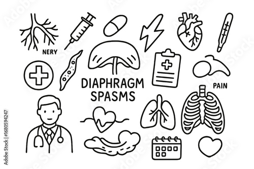 Diaphragm Medical Doodle. Hand-drawn doodle illustration diaphragm diaphragm spasms diaphragm, muscle, nerve, syringe, pill,