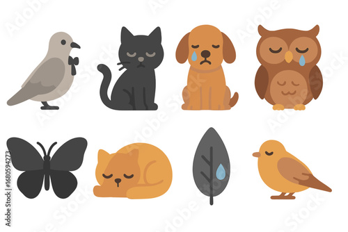 Animal Mourning Icons. Flat vector mini-illustrations funeral animals in colors children's illustrations: mourning dove, black cat