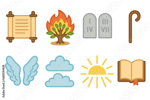 Biblical Story Icons. Flat vector mini-illustrations biblical story elements in colors children's illustrations: ancient scroll,