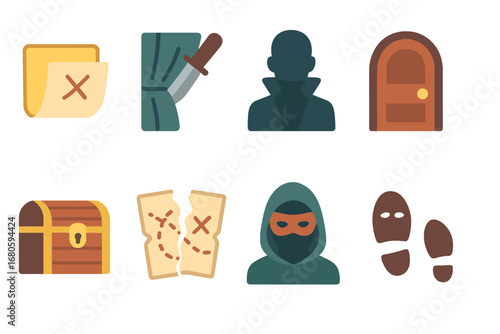 Betrayal in Stories Icons. Flat vector mini-illustrations betrayal in stories in colors children's illustrations: secret note,