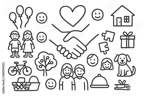 Blended Family Symbols. Hand-drawn doodle illustration blended family support handshake, parents and kids, heart, smiling faces,