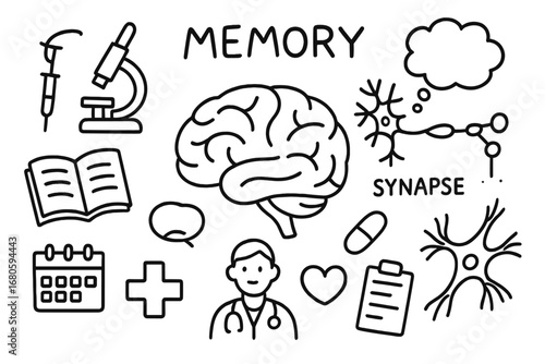 Brain Doodle Icons. Hand-drawn doodle illustration cerebrum memory cerebrum, brain, neuron, synapse, thought bubble, book,