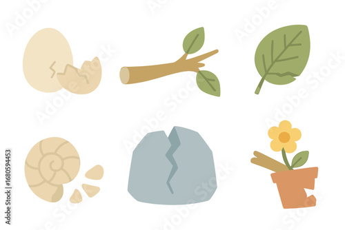 Broken Nature Icons. Flat vector mini-illustrations broken nature in colors children's illustrations: cracked eggshell, fallen