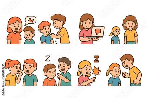 Bullying Types Icons. Flat vector mini-illustrations bullying types in colors children's illustrations: verbal bullying, physical