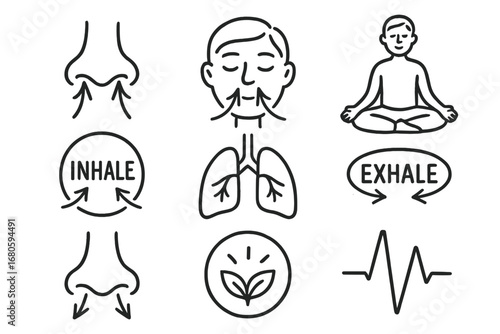 Calm Breathing Diagram. Hand-drawn doodle illustration breathing through nose nose, air flow arrows, calm face, deep breath icon,