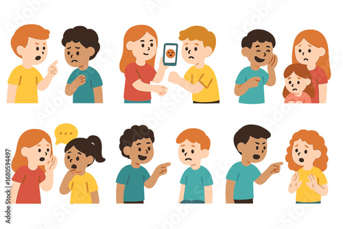 Bullying Types Icons. Flat vector mini-illustrations bullying types in colors children's illustrations: verbal bullying, physical