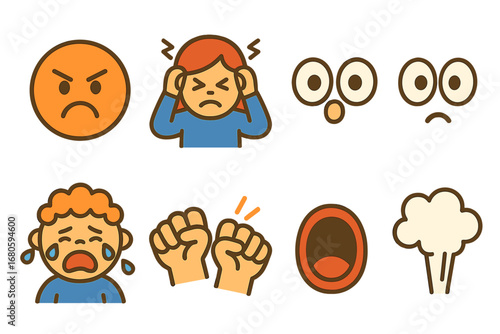 Chaotic Emotion Illustrations. Flat vector mini-illustrations chaotic emotions in colors children's illustrations: angry face,