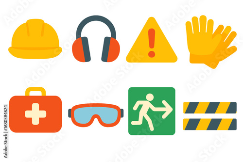Child Safety Icons. Flat vector mini-illustrations scream safety in colors children's illustrations: helmet, ear protection,
