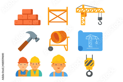 Child's Construction Icons. Flat vector mini-illustrations tower construction in colors children's illustrations: bricks,