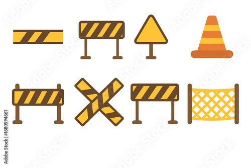 Child-Friendly Caution Icons. Flat vector mini-illustrations caution tape and barriers in colors children's illustrations: yellow