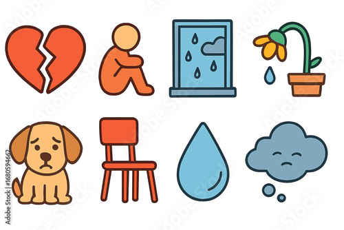 Childlike Symbols of Sadness. Flat vector mini-illustrations hurt and sadness in colors children's illustrations: broken heart,