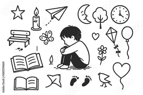 Child's Dreamscape Symbols. Hand-drawn doodle illustration loneliness and hope solitary child, star, candle, heart, open book,