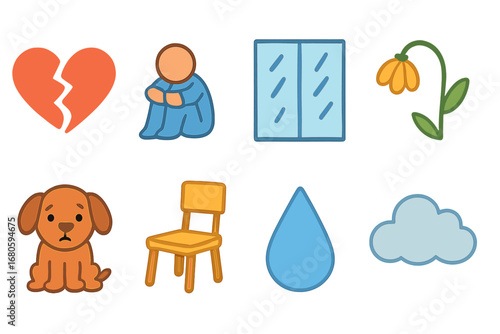 Childlike Symbols of Sadness. Flat vector mini-illustrations hurt and sadness in colors children's illustrations: broken heart,
