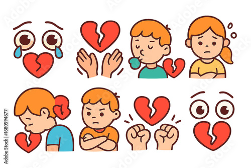 Childhood Heartache Icons. Flat vector mini-illustrations broken heart emotions in colors children's illustrations: crying eyes,