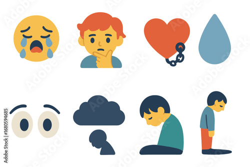 Childhood Emotions Grid. Flat vector mini-illustrations loneliness emotions in colors children's illustrations: crying face,