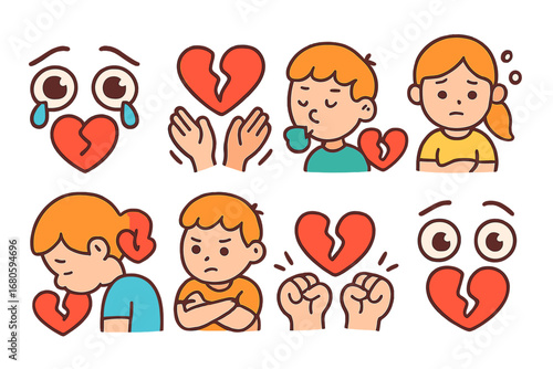 Childhood Heartache Icons. Flat vector mini-illustrations broken heart emotions in colors children's illustrations: crying eyes,