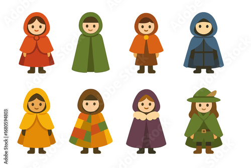 Children's Cloaks and Characters. Flat vector mini-illustrations cloak styles in colors children's illustrations: capelet,