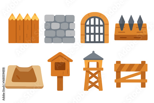 Children's Defense Icons. Flat vector mini-illustrations defensive barriers in colors children's illustrations: wooden palisade,