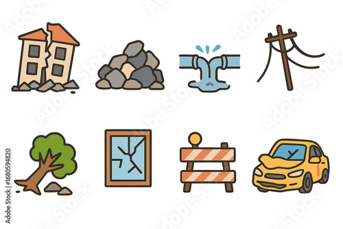 Children's Disaster Icons. Flat vector mini-illustrations earthquake aftermath in colors children's illustrations: collapsed