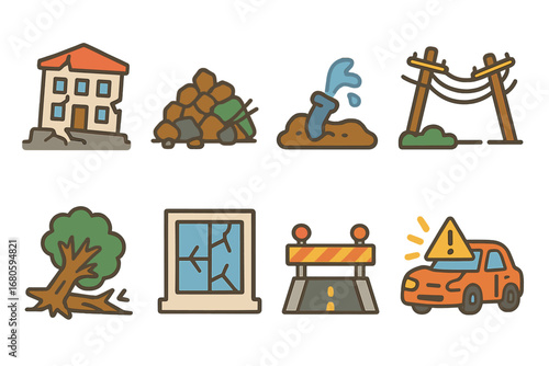 Children's Disaster Icons. Flat vector mini-illustrations earthquake aftermath in colors children's illustrations: collapsed