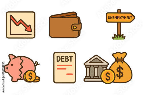 Children's Economic Icons. Flat vector mini-illustrations economic crisis in colors children's illustrations: falling graph, empty