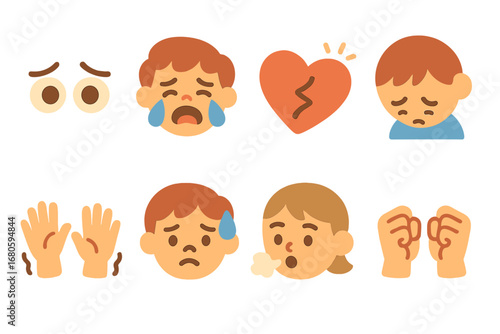Children's Emotional Icons. Flat vector mini-illustrations failure emotions in colors children's illustrations: worried eyes,