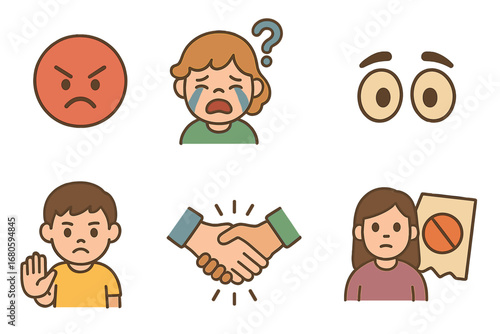 Children's Emotions Icons. Flat vector mini-illustrations betrayal emotions in colors children's illustrations: angry face, crying